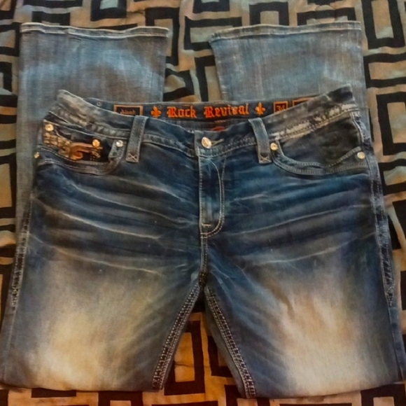 Rock Revival Blue Boot Cut Jeans with Distressed Look - Picture 2 of 3